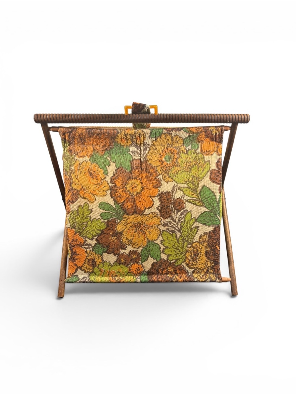 VTG MCM Wood Floral Tapestry Folding Yarn Knitting Sewing Caddy Grandmacore